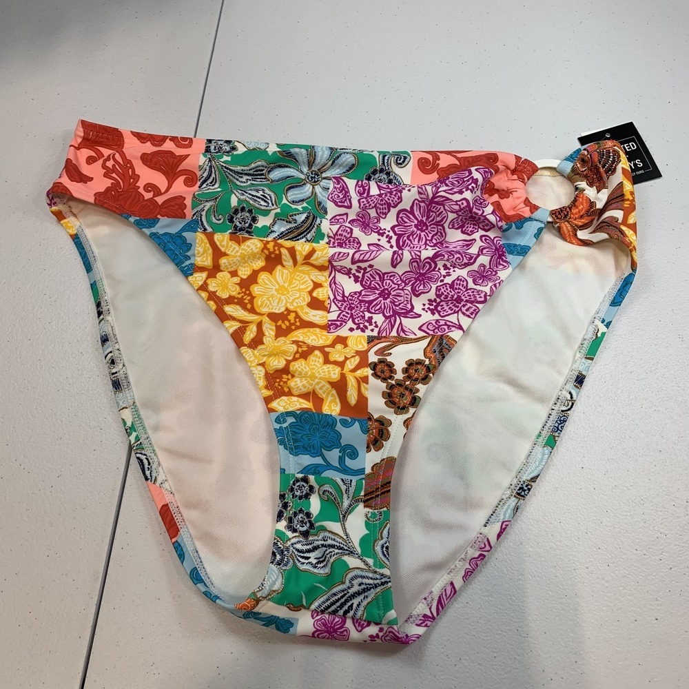 Bar III Women's Swim Bikini Bottoms L Patchwork Floral High Waist Boho Beach